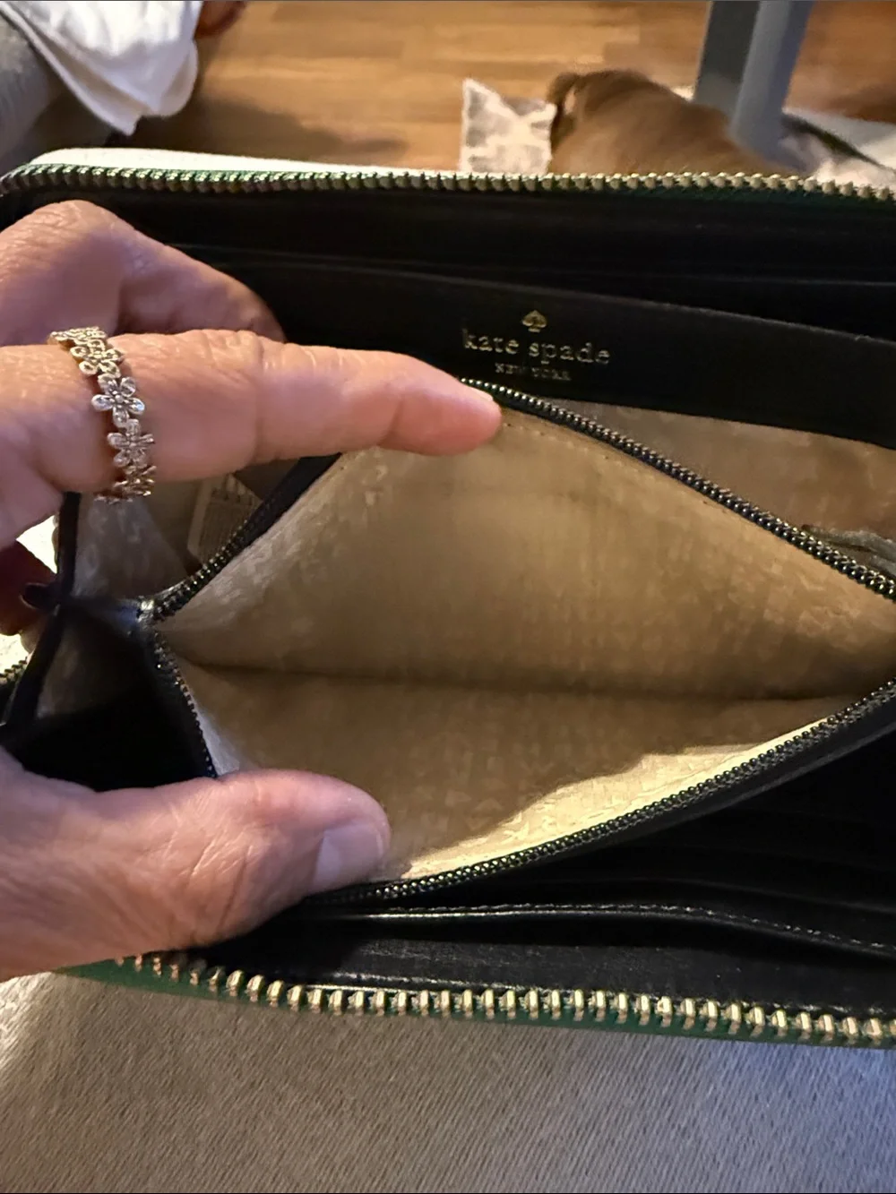 kate spade Green Patent Dot Zip Phone Wallet with Gold Plate